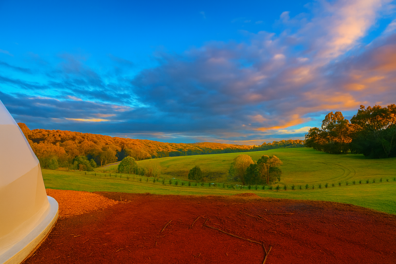 Rolling green hills and native forest around Rawson